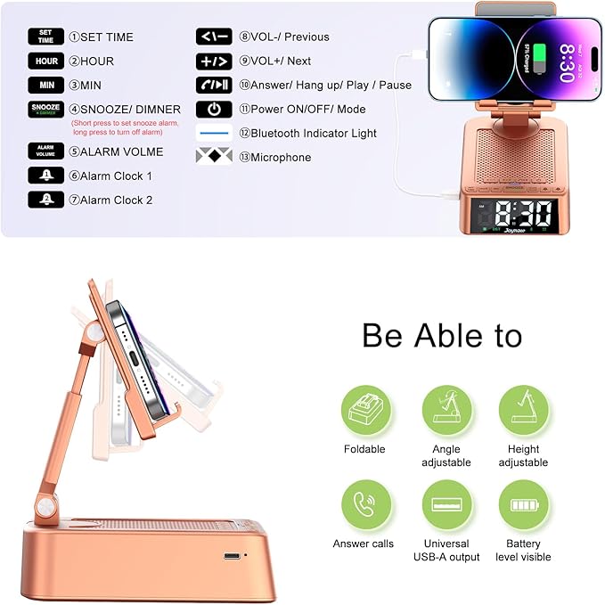 Joymate Gifts for Women Girls, Phone Stand with Bluetooth Speaker 360° Rotable Angle Adjustable Cell Phone Holder for Desk with HD Subwoofer Sound Fits All Phones,Tablets (Rose Gold)
