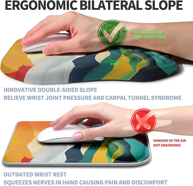 Gleamtide Ergonomic Raised Mouse Pad Wrist Support with Bilateral Slope Memory Foam Mousepad for Wrist Rest and Carpal Tunnel Pain Relief 11.8x7.9〃Colorful Lines