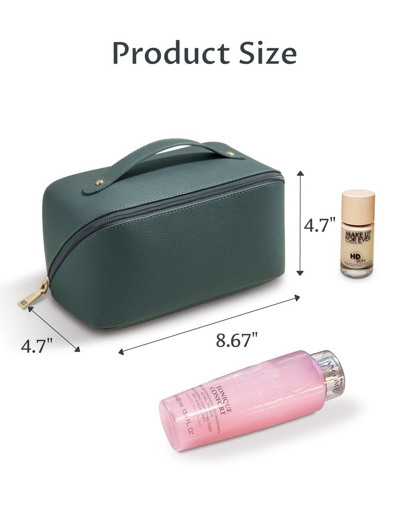 Yarnic Green Travel Makeup Bag Pouch Cosmetic Bag, Large Capacity Toiletry Bag for Women, Portable Pouch Cute Make Up Organizer with Divider and Handle, PU Leather (Gray Green)