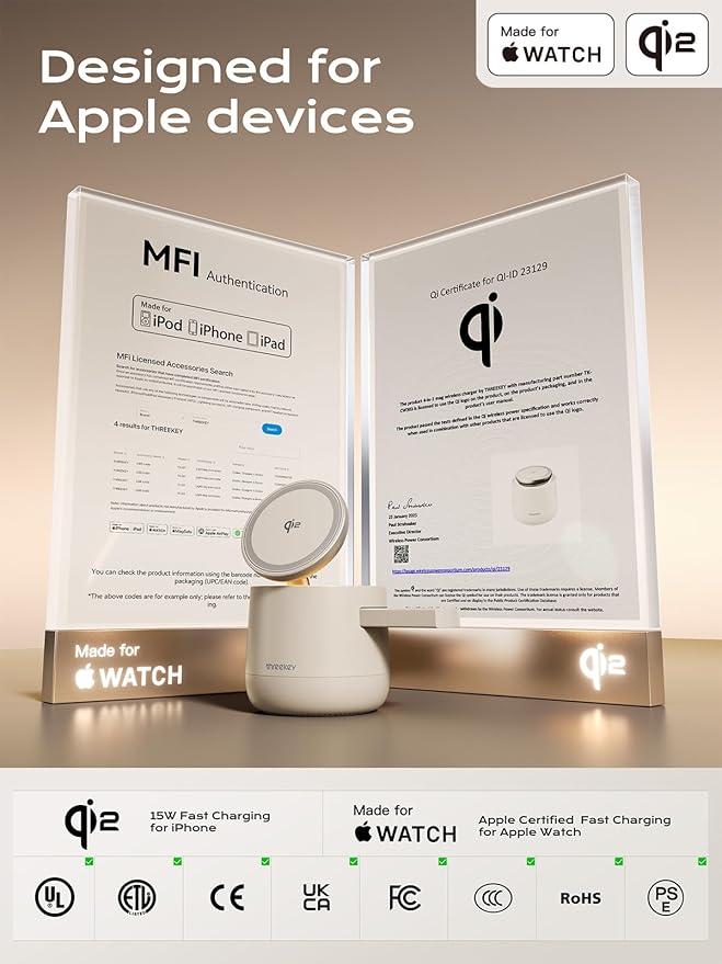 3 in 1 Wireless Charging Station, Qi2 15W Charger for iPhone 17/16/15/14/13/12 Series, iWatch, Airpods, iPad, 65W Charger Included (Sand, 3 in 1)