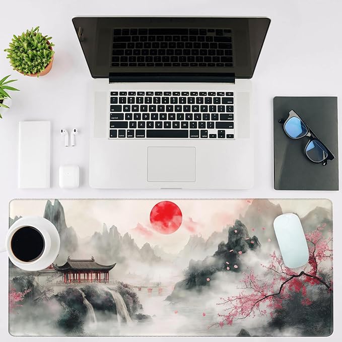 NIYLYNSYN Mouse Pad Large Chinese Landscape Painting Non-Slip Game Desk Mat with Stitched Edge Laptop Keyboard Desk Pad for Work Home Gaming (35.4 x 15.7 Inches)