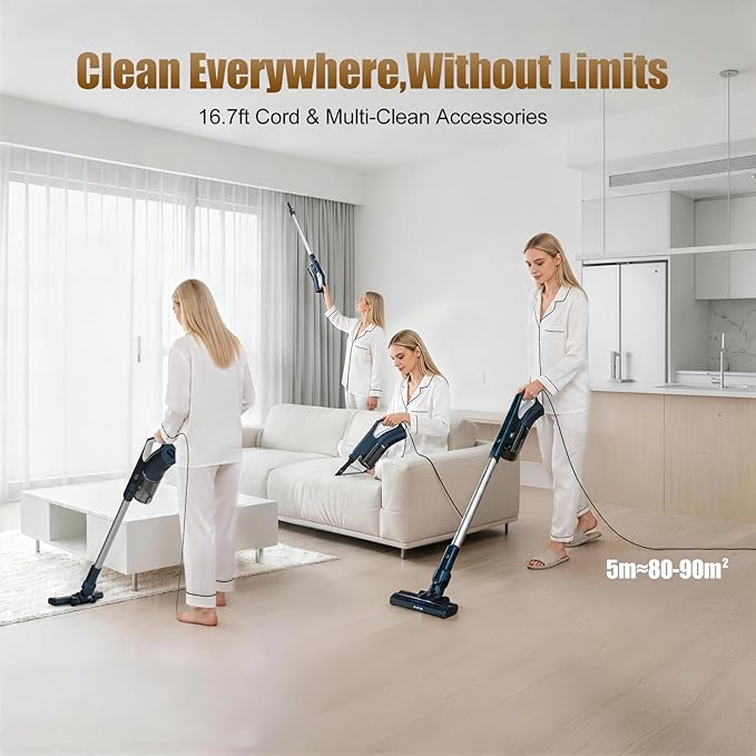 Corded Stick Vacuum Cleaner for Home Pet Hair & Hard Floors,500W 16.7Ft Power Cord Ultra-Lightweight Vacuum Cleaner with Powerful Suction for Tile and Low-Pile Carpet Handheld Vac(VA002)