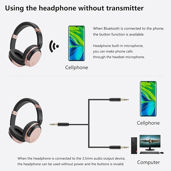 BAOBER Bluetooth Wireless Over Ear Light Weight Headphone with Low Latency USB Transmitter for TV,PC,3.5mm Audio Device, Stereo Wireless Headset Built-in Microphone for Cell Phone (Rose Gold)