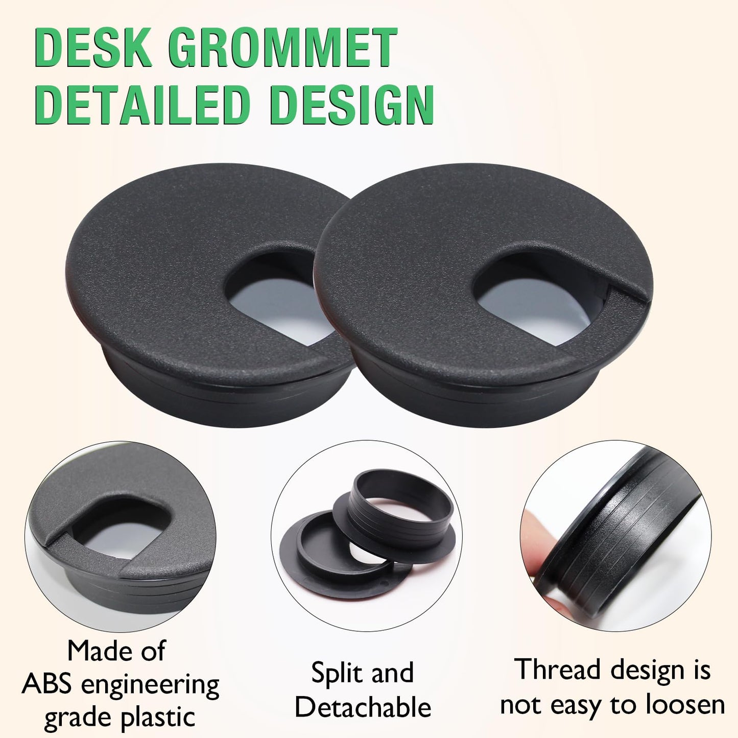 EASYEAH 5 Pcs Desk Grommet 2" / 50 mm, Desk Cord Hole Cover, Cable Grommet ABS Plastic, Desk Hole Grommet for Home & Office Pc, Detachable Cable Cord Organizer-Black