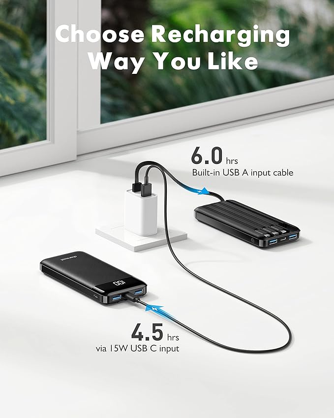 2 Packs Portable Chargers with Built in Cables, 2PCS Slim 10000mAh Travel Essentials Battery Pack 6 Outputs 3A Power Banks for iPhone Samsung Pixel LG Moto iPad