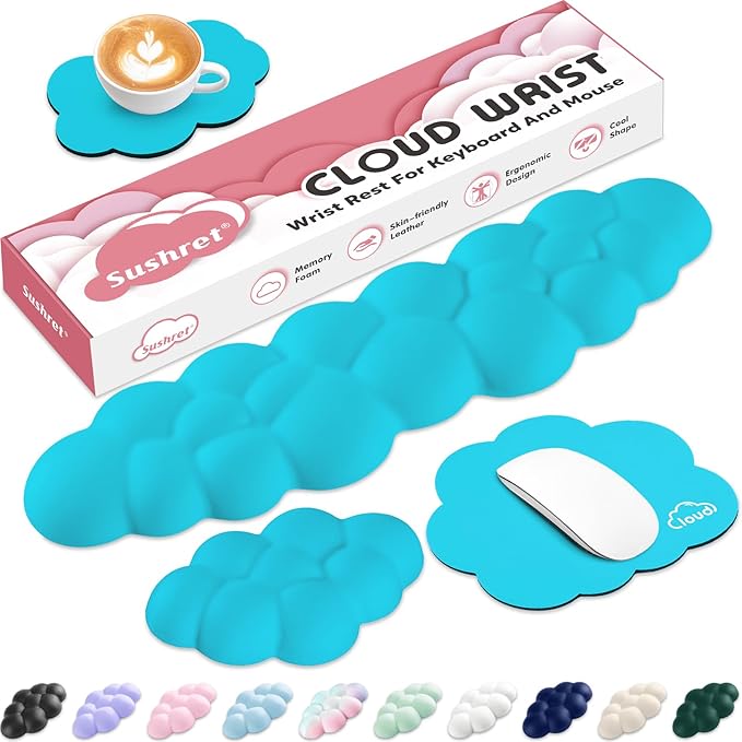 Sushret Cloud Wrist Rest for Computer Keyboard, 4-in-1 Memory Foam Leather Cloud Keyboard Wrist Rest and Mouse Pad Set with Ergonomic Support for Arm and Palm Cushion, Gaming/Work Setup, Scuba Blue
