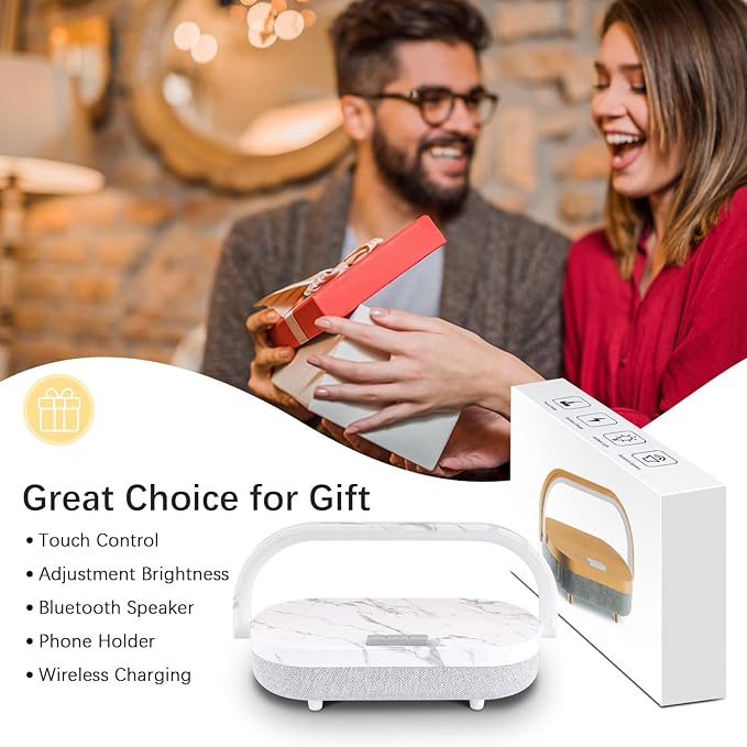 iGaur Nightstand Lamp with Wireless Charger,4 in 1 Touch Bedside Lamp Bluetooth Speaker,Portable Dimmable LED Night Light,Corporate Gifts Premium for Employees Clients,Birthday Gifts Women Wife Friend