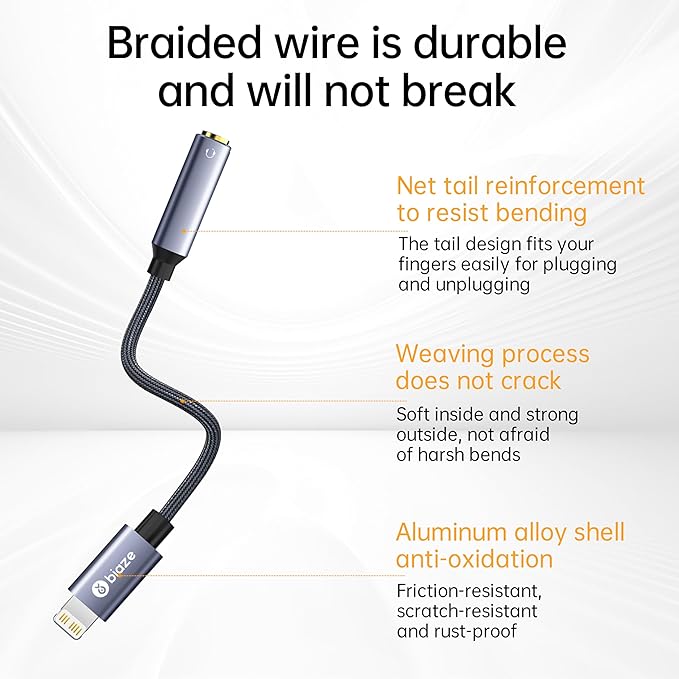 biaze iPhone Headphone Adapter, Lightning to 3.5mm Adapter Auxiliary Adapter, Compatible with iPhone 14/13 /12/11 Full Series/SE/X/XR/XS/8 (Lightning to 3.5mm)