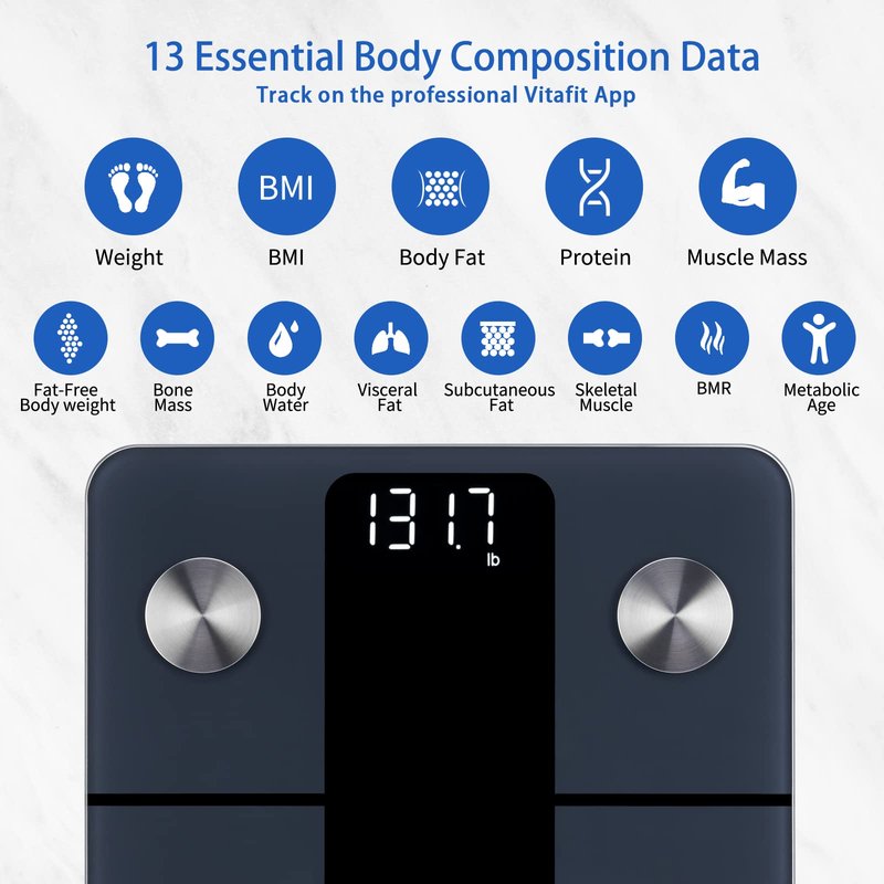 Vitafit Smart Scale for Body Weight, High Accuracy 0.1lb by Our Professional Factory Since 2001, Weight Scale App Sync 13 Body Composition with BMI, Body Fat and Muscle, 400lb, LED, Black