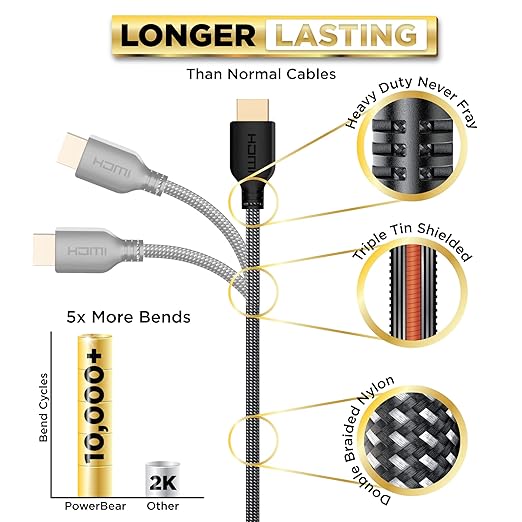 PowerBear 4K HDMI Cable 0.5 ft | Short Hdmi Cable, Braided Nylon & Gold Connectors, 4K @ 60Hz, Ultra HD, 2K, 1080P, ARC & CL3 Rated | for Laptop, Monitor, PS5, PS4, Xbox One, Fire TV, Apple TV & More