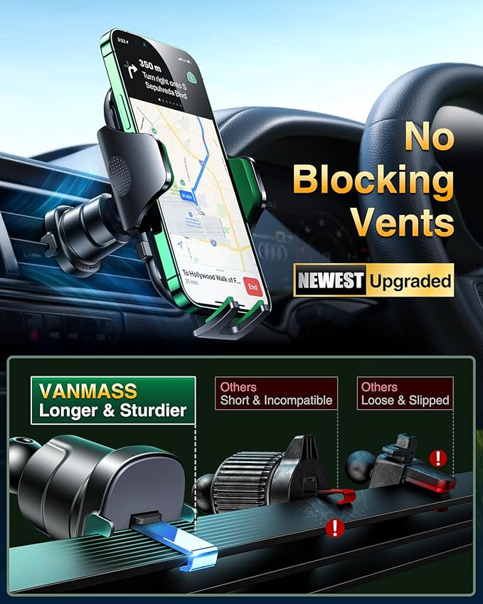 VANMASS Phone Holders for Your Car 2026 Ultimate Phone Mount Military-Grade Windshield Dashboard Vent【Newest Best Strongest】 Cell Phone Car Mount for iPhone 16 Pro Max 15 Samsung Android,Green