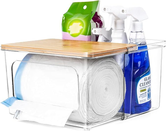 Trash Bag Dispenser Under Sink Organizer, 2-in-1 Acrylic Trash Bags Holder with Bamboo Lid, Holds Large Rolls up to 100 Count, Garbage Bag Storage Container for Kitchen, Pantry, Laundry Room