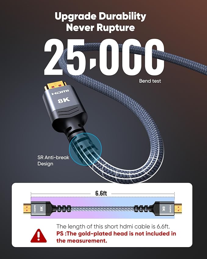 Highwings 8K 10K 4K HDMI Cable 48Gbps 6.6FT/2M, Certified Ultra High Speed 2.1 HDMI Cable Braided Cord-4K@120Hz 8K@60Hz, DTS:X, HDCP 2.2 & 2.3, HDR 10 Compatible with DVD Player/PS5/HDTV/Blu-ray