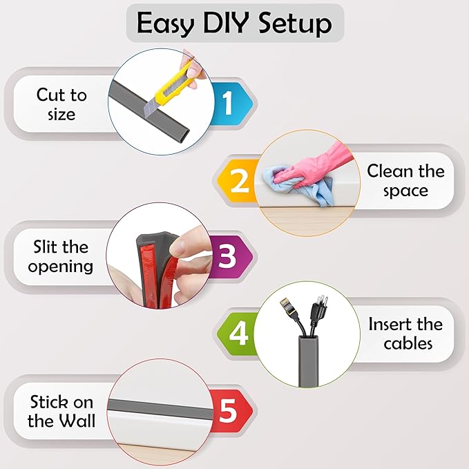 TV Cord Hider – Flexible Wall Cord Cover Slim Design Silicone Cable Raceway - Self Adhesive, Cut to Size Design for Hiding Wires on Wall - Clean Home Setup Cable Concealment (Grey, 6 Feet)
