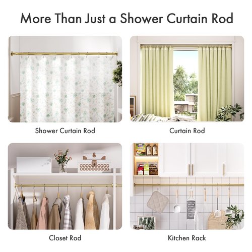 AmazerBath Spring Tension Shower Curtain Rod, 31-75 Inches Heavy Duty Tension Rod Rust Proof Bathroom Curtain Rod, Adjustable No Drill Easy Segmented Installation, Gold