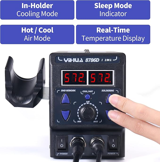 YIHUA 8786D I 2 in 1 Hot Air Rework and Soldering Iron Station with 10 Solder Iron Tips, 4 Hot Air Nozzles, °F /°C, Cool/Hot Air Conversion and Sleep Function
