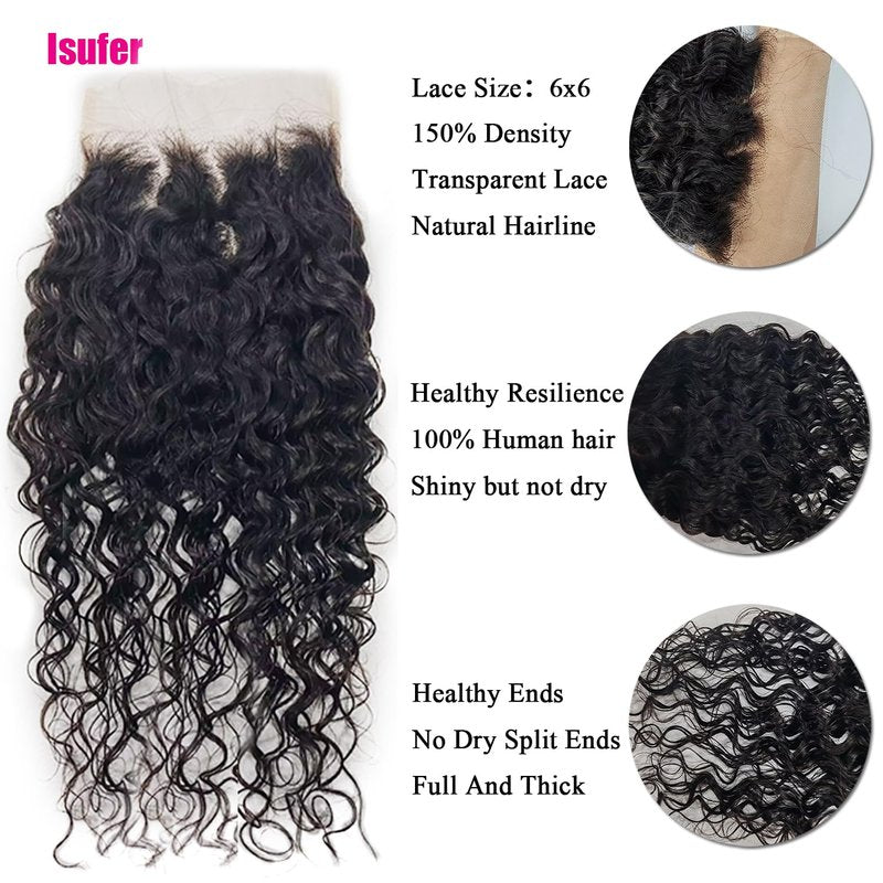 Water Wave 6x6 HD Transparent Lace Closure - 10 Inch Pre-Plucked Natural Hairline with Baby Hair | High Density Brazilian Virgin Human Hair