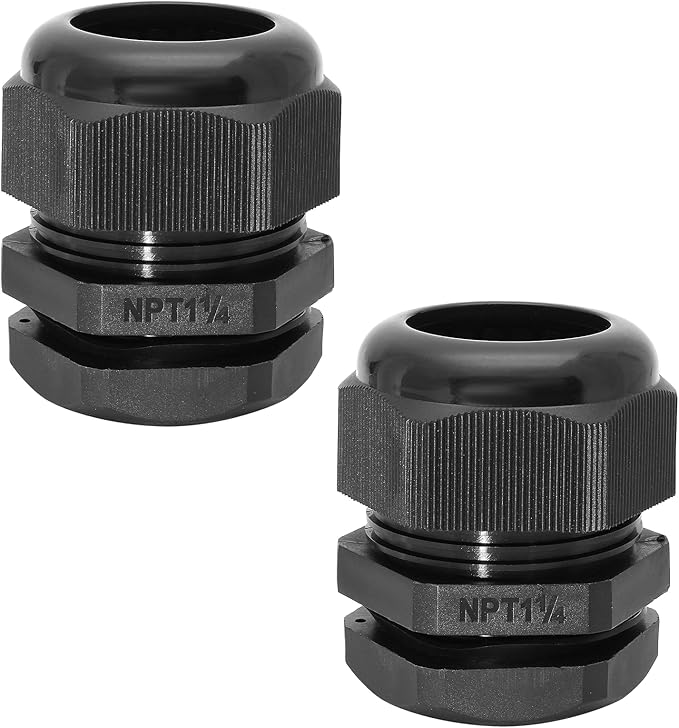 Bonsicoky 1-1/4" NPT Nylon Cable Glands, IP68 Waterproof Adjustable Cord Grip Cable Connector Strain Relief Wire Protectors for 25-32mm Cable Diameter, 2 Pcs, Black