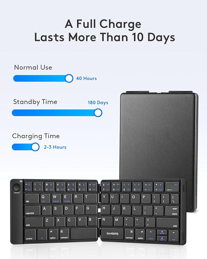 Samsers Foldable Bluetooth Keyboard - Portable Wireless Keyboard with Stand Holder, Rechargeable Full Size Ultra Slim Folding for iOS Android Windows Smartphone Tablet and Laptop, Black