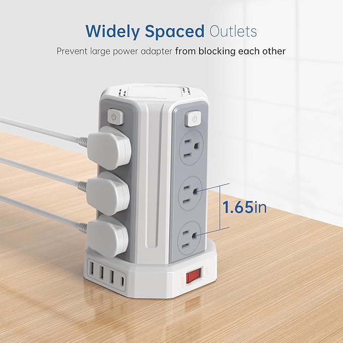 Power Strip Surge Protector, 16.4 Ft Extension Cord with 12 AC Multiple Outlets 4 USB (1 USB C), SMALLRT Power Tower Desktop Charging Station