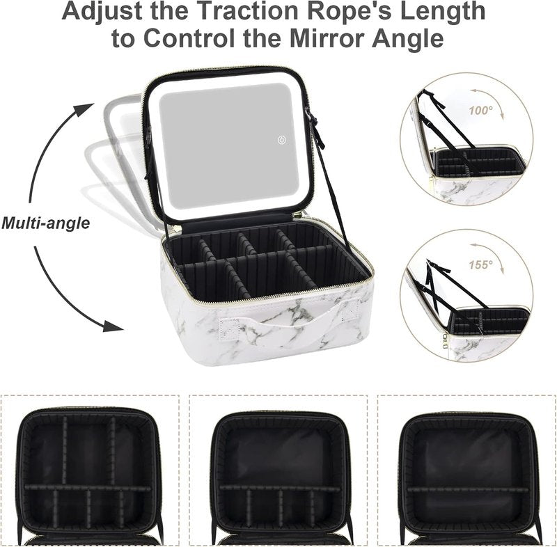 Lighted Travel Makeup Bag - Partitionable Train Case with Dimming Mirror | Cosmetic Organizer & Toiletry Gift