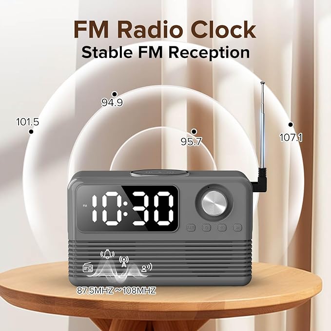 FlyShow 15W Fast Wireless Charger with Bluetooth Speaker and Alarm Clock Radio,4 in1 Wireless Charging Station for iPhone,Android Phones with FM Radio for Bedroom