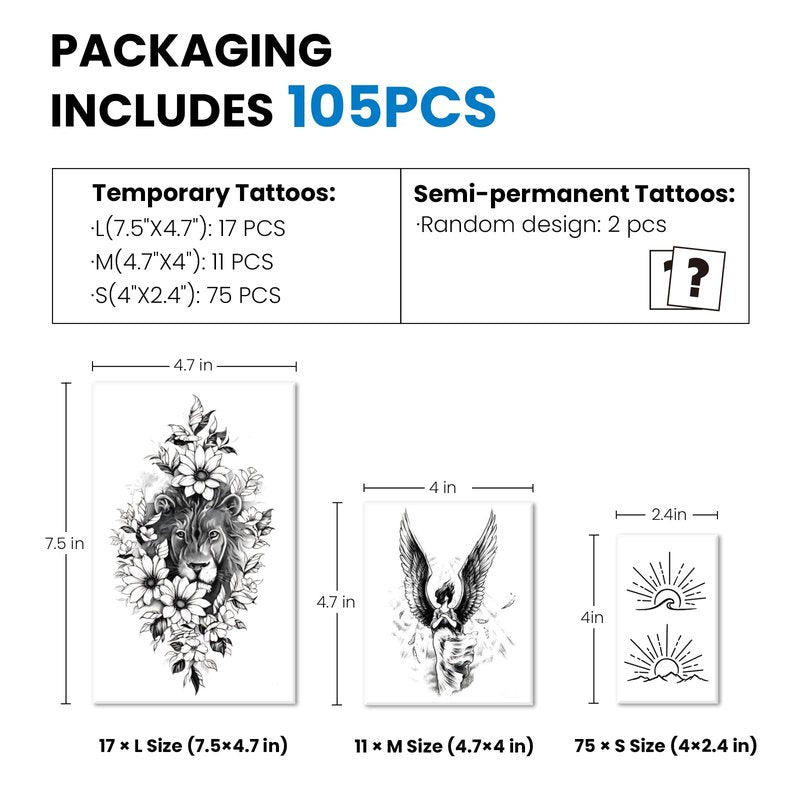 105 Sheets Large Temporary Tattoos For Women Men Adult, Dragon Tiger Wolf Tribal Christian Floral Realistic Fake Tattoo Stickers for Arm Leg Hand, Waterproof & Non-Reflective
