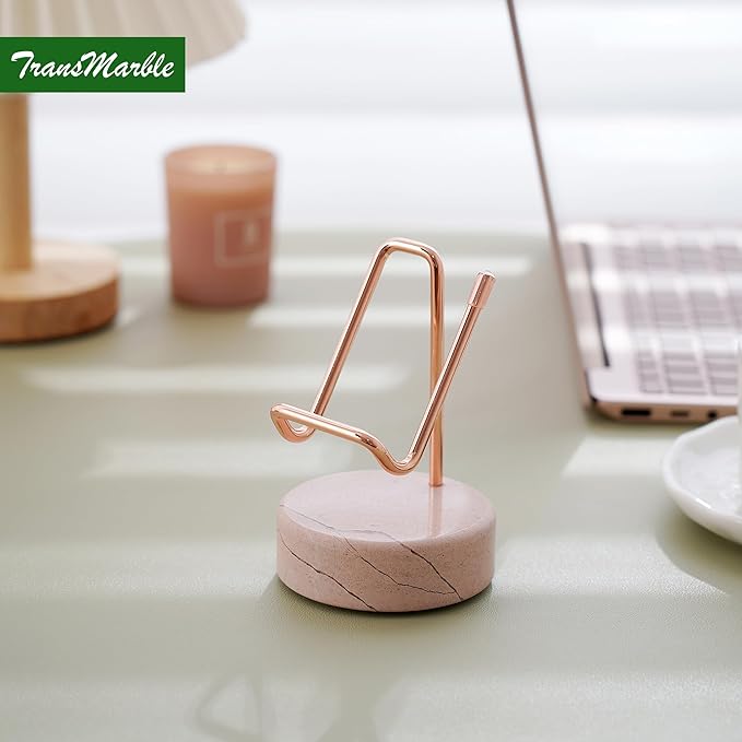 TransMarble Marble Phone Stand with Metal Holder, Charging Available While Using, Swipe Up to Unlock, Made of Natural Marble as Business Card Holder for Office Desk (Rose Pink + Rose Gold)