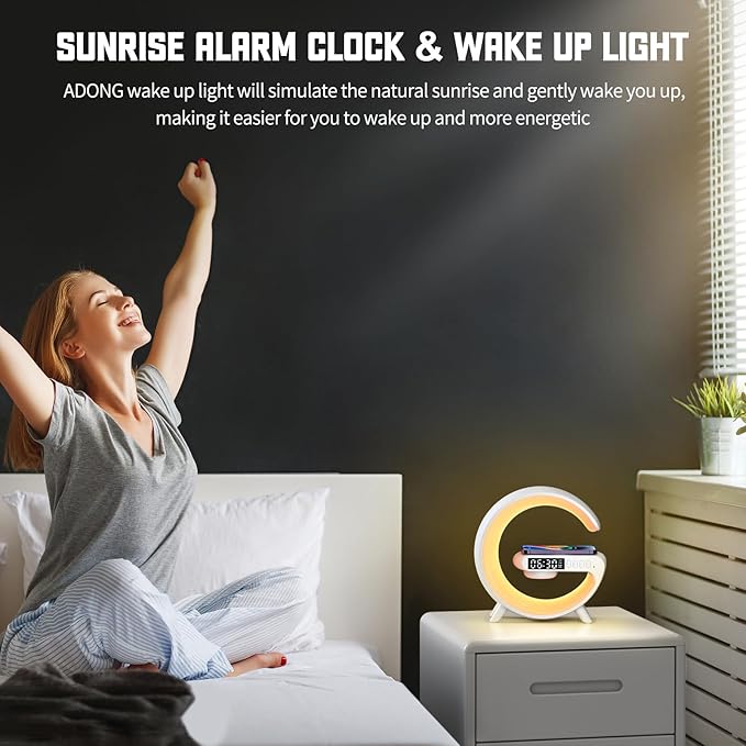 XCDIFA Mini LED Table Lamp with 4-in-1 Wireless Charger, Night Light, Sunrise Alarm Clock, Bluetooth Speaker, Smart Atmosphere Table Lamp for Bedroom, Office, Home Decor (Black)