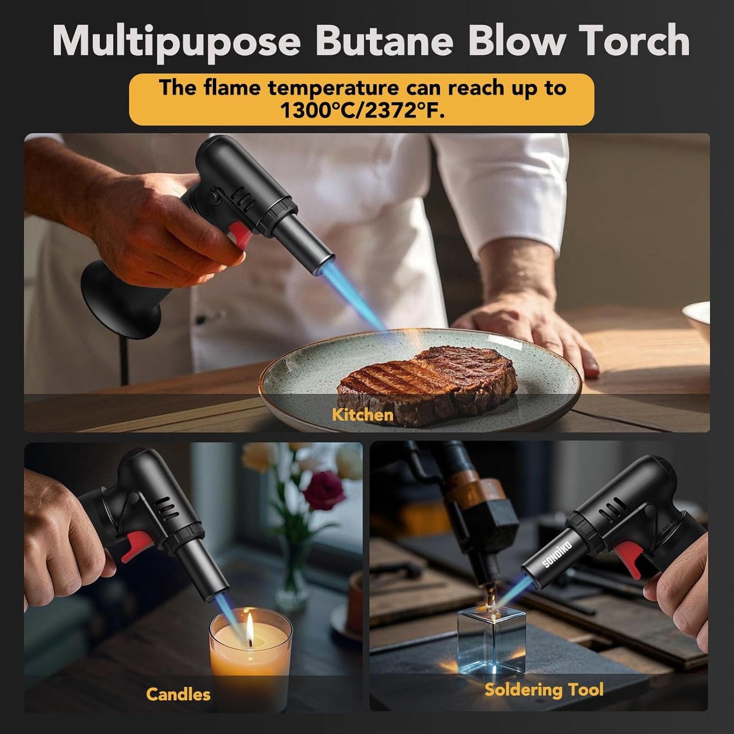 Sondiko Kitchen Torch - Premium Butane Torch Kit with Fuel Refill | Ideal for Cooking & Baking