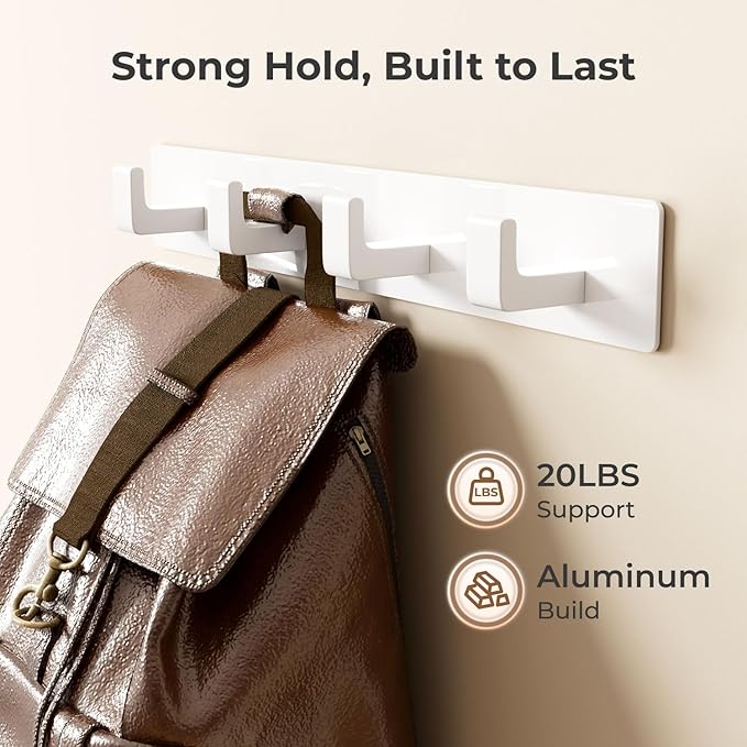 GWAAZXGZ White Wall Mounted Coat Rack - 2 Modular Rails (25'' Total), 8 Right-Angle Hooks, Modern Organizer for Entryway, Bathroom, Bedroom, Holds Coats, Towels, Hats