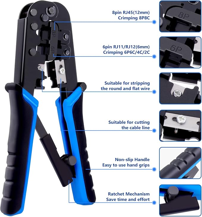 Delgada RJ45 Crimp Tool, Ethernet Crimper for RJ-11,6P/RJ-12,8P/RJ-45 Crimp, with 20pcs Cat5 Cat5e RJ-45 Connectors-20PCS Covers-1 Network Wire Stripper