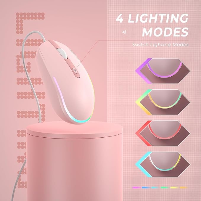 seenda Wired Mouse - USB Corded Mouse with Colorful RGB Backlit, Plug and Play, 1600 DPI Optical Tracking，Silent Computer Mouse for Laptop, PC, Chromebook, Desktop, Office, School, Home, Pink