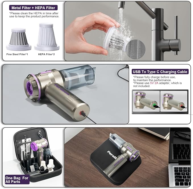 PeroBuno Air Duster for PC, 200000RPM Compressed Air, Mini Vacuum 2-in-1, 35 mins Runtime, Brushless Motor Electric Air Blower with 3 Gear and Rechargeable Battery - Canned Air - Keyboard Cleaner