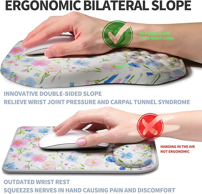Gleamtide Ergonomic Raised Mouse Pad Wrist Support with Bilateral Slope Memory Foam Mousepad for Wrist Rest and Carpal Tunnel Pain Relief 11.8x7.9〃 Little Flower