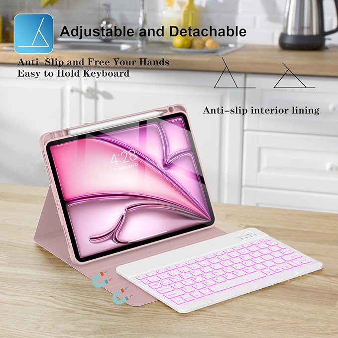 Supveco Keyboard Case for iPad Air 11 Inch (M4 2026,M3 2025,M2 2024),iPad Air 5th/4th Generation with Pencil Holder-7 Colors Backlit Wireless Detachable Folio Keyboard Cover -Pink