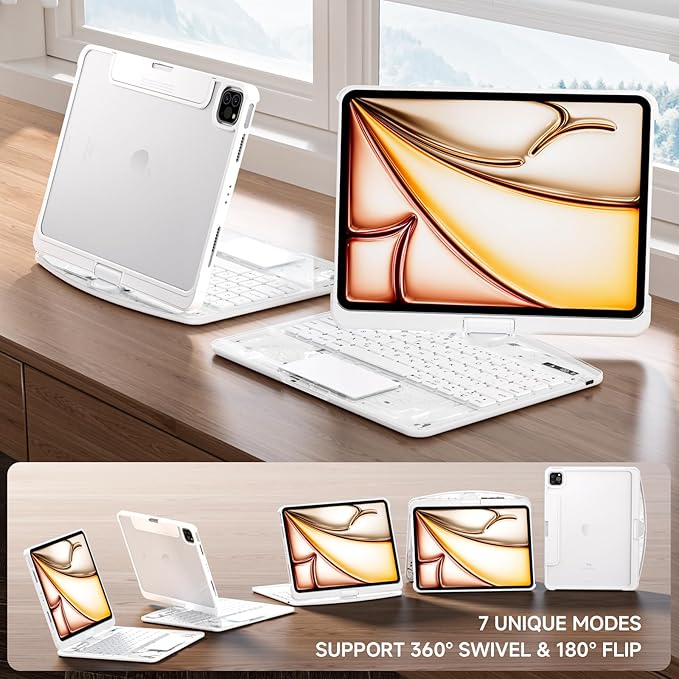 Tiaota Transparent Case with Keyboard for iPad Pro 11-inch (M5/M4, 2025/2024),with 7-Color Backlit Wireless Keyboard, 360°Rotatable Protective Case Multi-Touch Trackpad,with Shortcuts,White