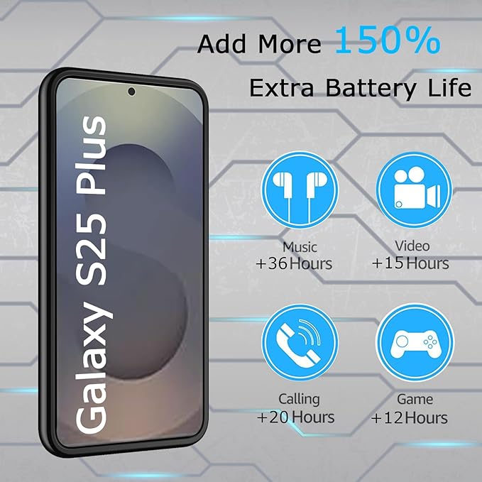 KCKEBLM Battery Case for Galaxy S25 Plus, [12000mAh] Slim Portable Protective Fast Charging Case Backup Power Bank Battery Case Compatible with Galaxy S25 Plus-6.7 inch-Black