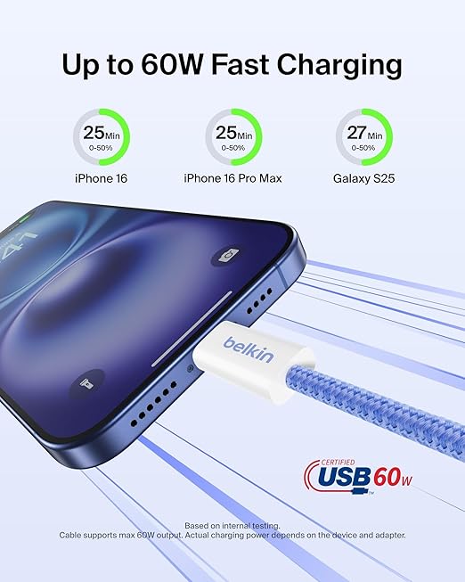 Belkin USB C to USB C Cable, 6.6ft, 60W - Type C Charger, iPhone Charger Cord, Soft, Braided, Flexible for iPhone 17, Galaxy S25, Pixel 9, Airpods, iPad Pro, Tablet & More, Travel Essentials - Blue