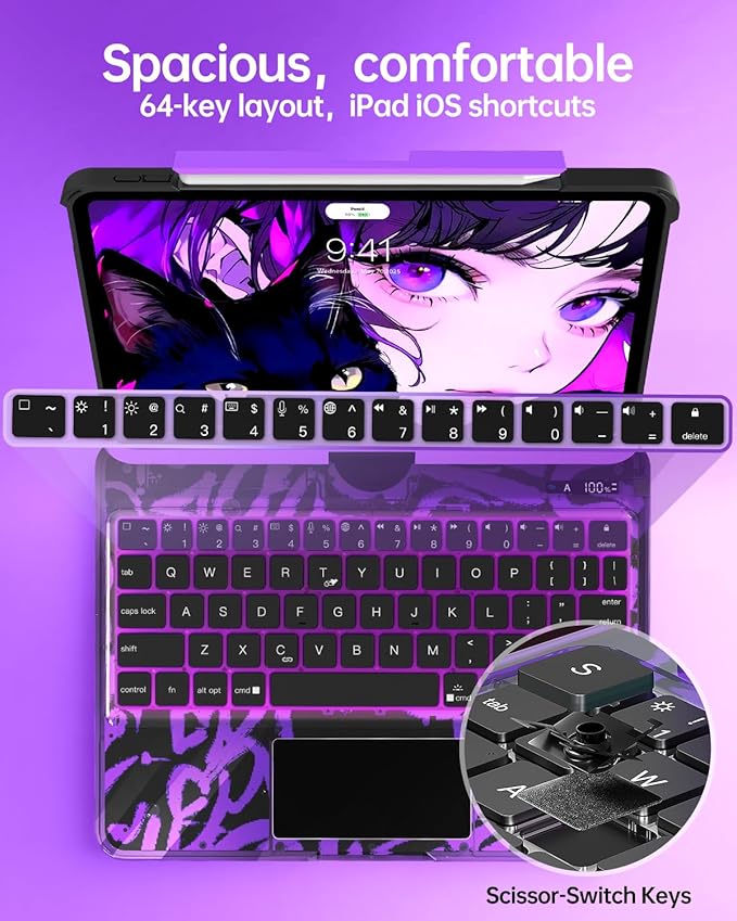Intermerge Clear Keyboard Case for iPad Pro 11"(M5,2025/ M4,2024), 360° Swivel Multi-Touch Trackpad, 7-Color RGB Backlit, Pencil Holder, Type-C, Power Indicator, Neon Pulse