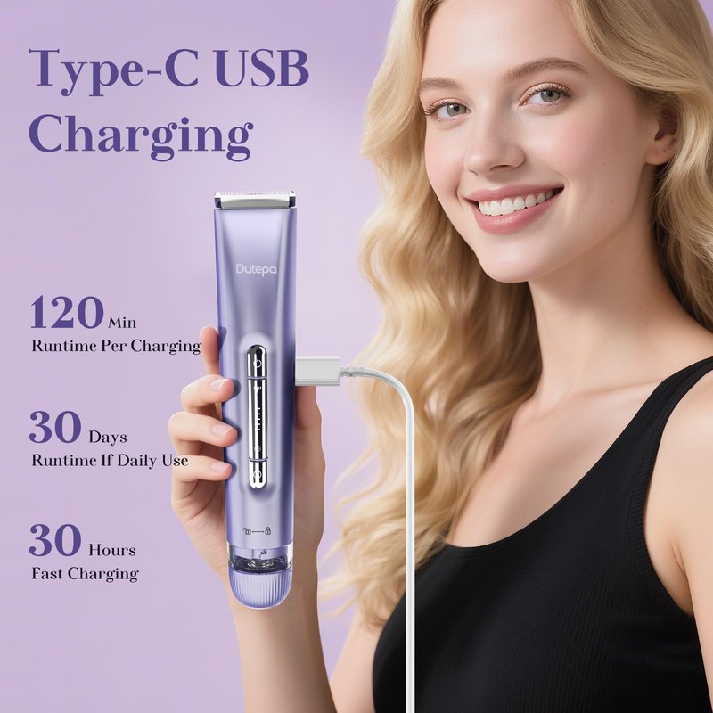 2-in-1 Electric Bikini Trimmer for Women, IPX7 Waterproof, Rechargeable Razor with Double-Edged Blade, Portable Hair Removal Shaver for Wet and Dry Use (Purple)