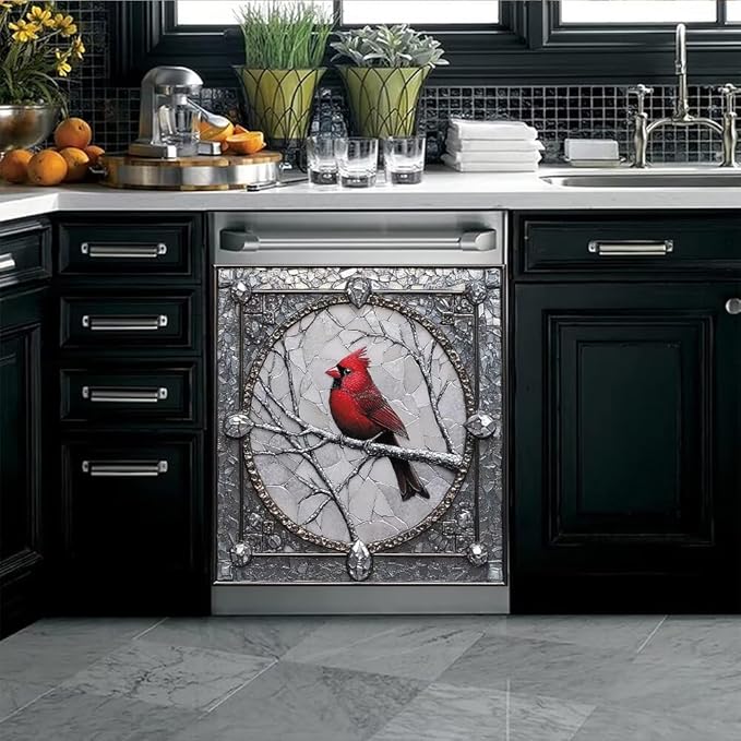 Cardinal Magnet Dishwasher Door Cover Retro Silver Gray Vinyl Panel Decal, Refrigerator Magnetic Skins Cover Reusable Dishwasher Sticker, 23" x 26" Magnetic