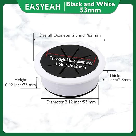 EASYEAH 2 Pcs Desk Grommet 2-1/16" / 53 mm, Desk Hole Cover for Cables Black and White, Cable Grommet ABS Plastic, Desk Hole Grommet for Home & Office Pc, Detachable Cable Cord Organizer