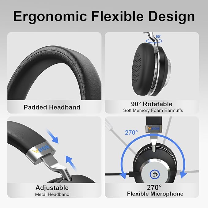 Wantek Wireless Bluetooth Headset with Microphone for Work,45Hrs Playtime with Mute Button,On-Ear Headset with Noise Cancelling Mic for PC,Laptop,Smartphone,Remote Work,Office,Home,Zoom,Skype