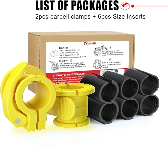 ZY-HUAN Barbell Clips 1 inch Barbell Clamps 0.9-1.18inch Quick Release Weight Clips for Bars Multi-Size Adjustable Olympic Barbell Clamps (Yellow)