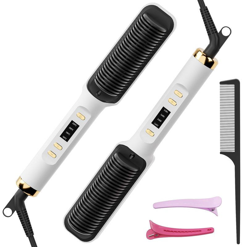 Hair Straightener Brush, Hair Straightening Iron with Built-in Comb, 4 Temp Settings & LED Display & Anti-Scald & Auto-Off Safety, Perfect for Fine, Soft Hair