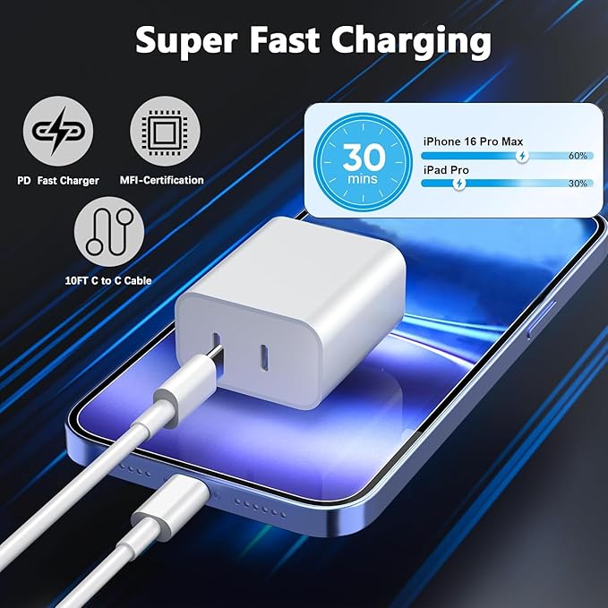 Charger for iPhone 17 16 15,Fast Dual Port USB C Charger Block,Double Type C Apple Wall Power Adapter Plug,10FT Quick USB C to C Charging Cable for iPhone 17/17 ProMax/17 Air/16 Pro/16e/15 Pro/15 Plus