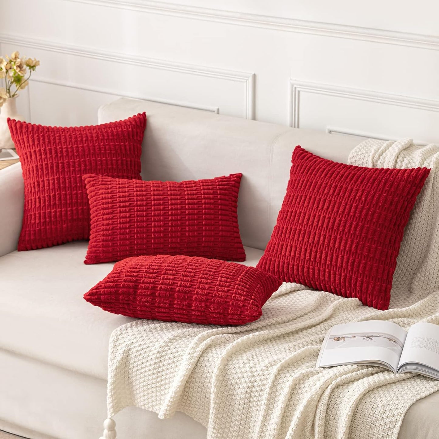 MIULEE Euro Sham Pillow Covers - Pack of 2 Red Corduroy, 24x24 Inch Soft Boho Striped Decor for Sofa & Bed
