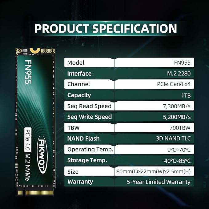 Fikwot FN955 1TB NVMe SSD M.2 2280 PCIe Gen4x4, Up to 7300MB/s, 3D NAND TLC Flash Internal Solid State Drive, Configure SLC Cache, Storage and Memory Expansion for PS5 Laptop Desktop