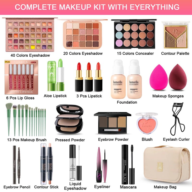 All in One Makeup Kit for Women Full Kit, Professional Travel Makeup Kit for Women & Teens, Foundation Eyeshadow Lipstick Brow Pencil Eyeliner Contour Powder, Complete Make Up Gift Set for Beginners